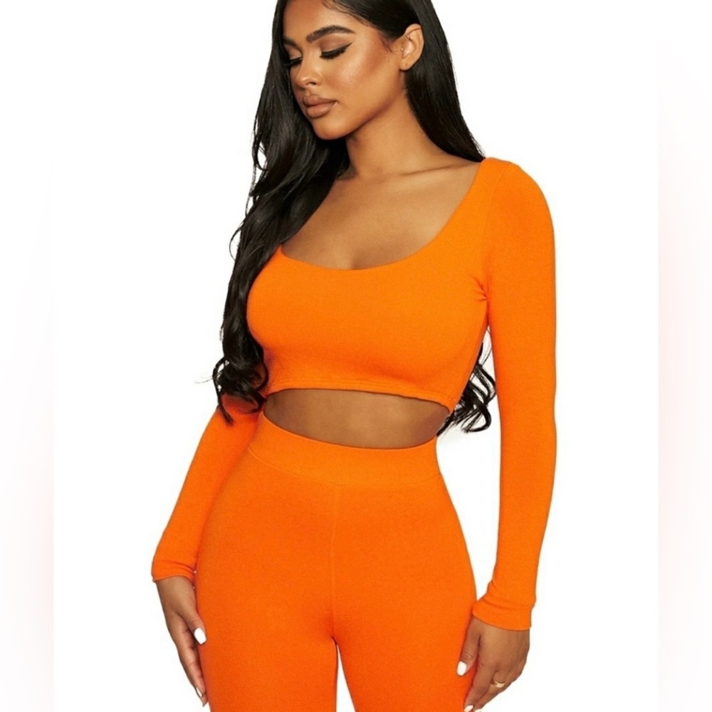 NAKED WARDROBE Long Sleeve Scoop Neck Crop Top Large Neon Orange Halloween Fall